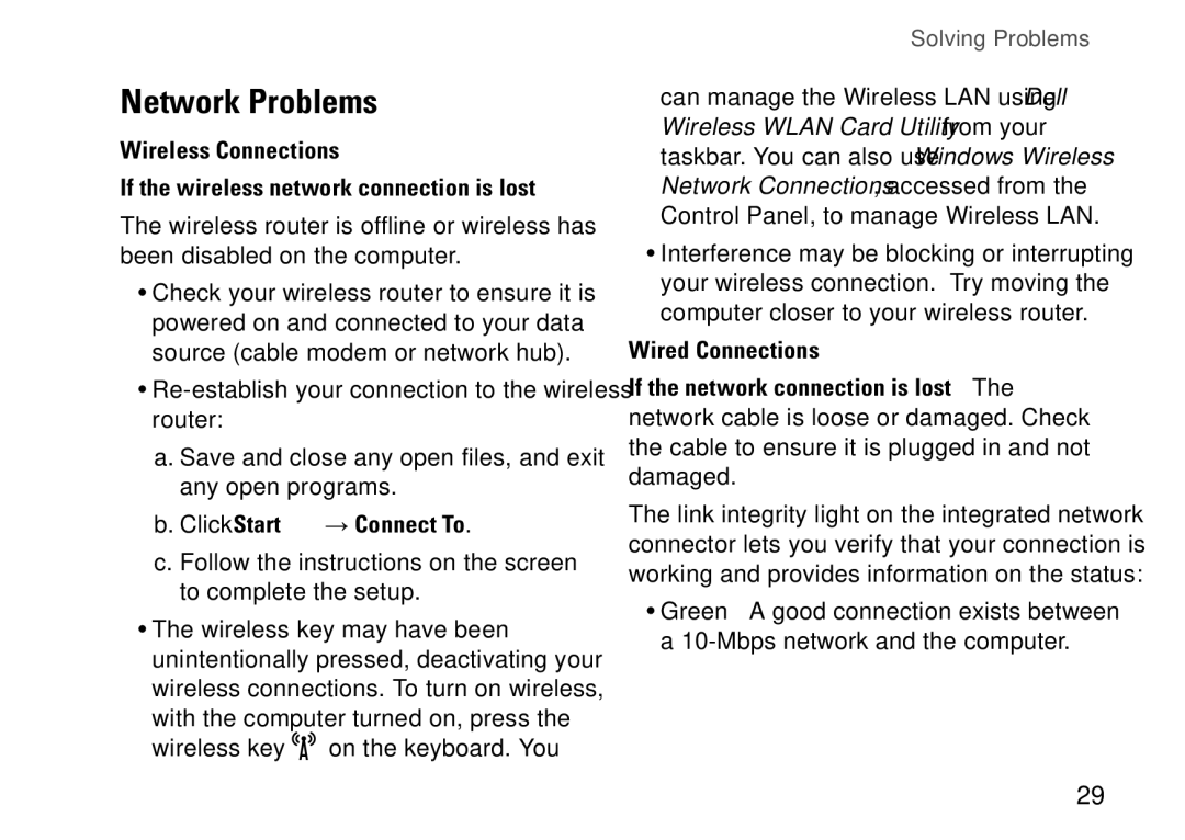 Dell PP41L setup guide Network Problems, Wireless Connections 