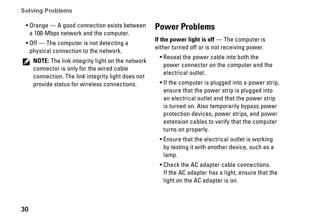 Dell PP41L setup guide Power Problems 