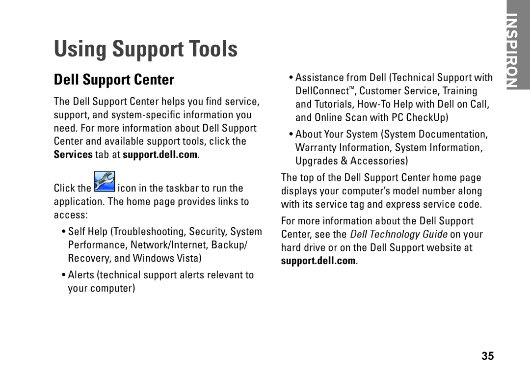 Dell PP41L setup guide Using Support Tools, Dell Support Center 