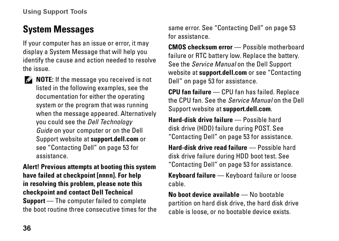 Dell PP41L setup guide System Messages, Same error. See Contacting Dell on page 53 for assistance 