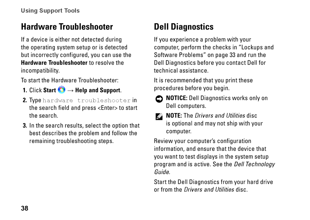 Dell PP41L setup guide Hardware Troubleshooter, Dell Diagnostics, Click Start → Help and Support 