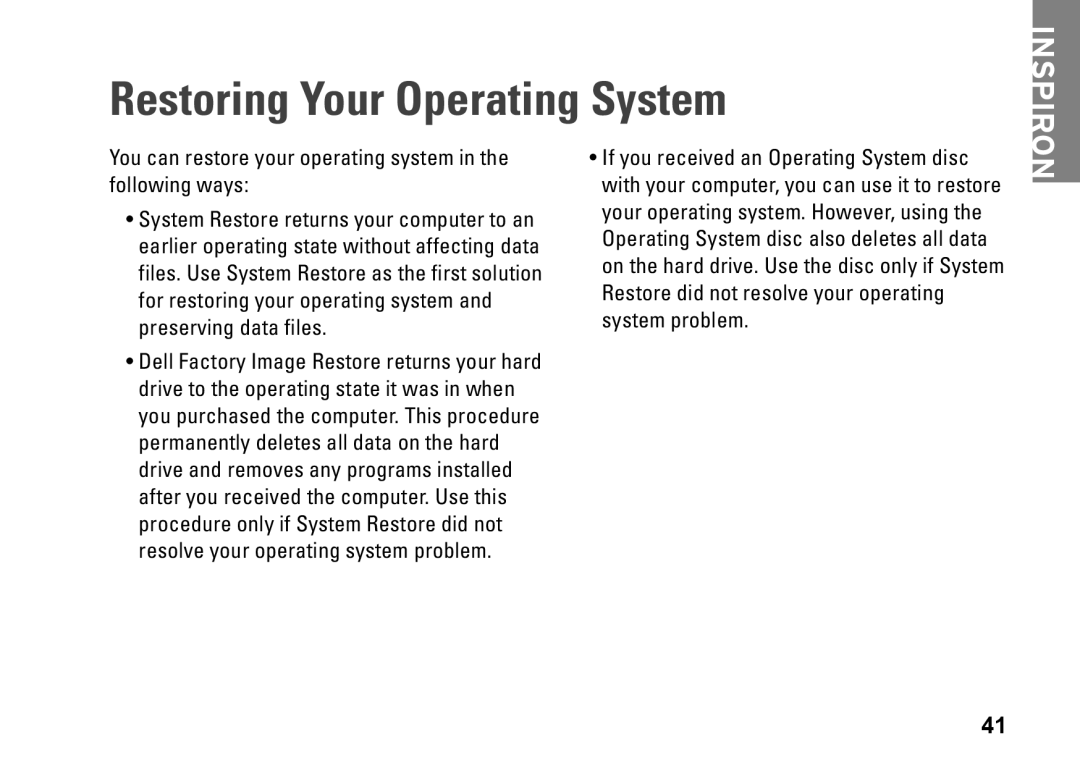 Dell PP41L setup guide Restoring Your Operating System 