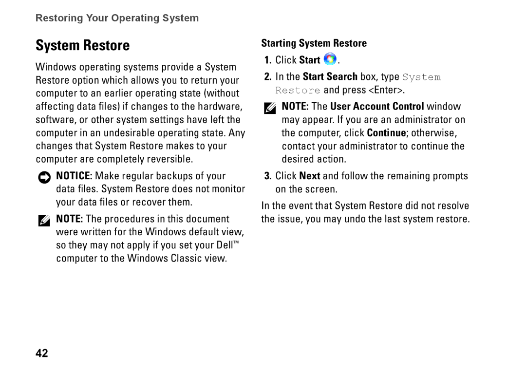 Dell PP41L setup guide Starting System Restore 