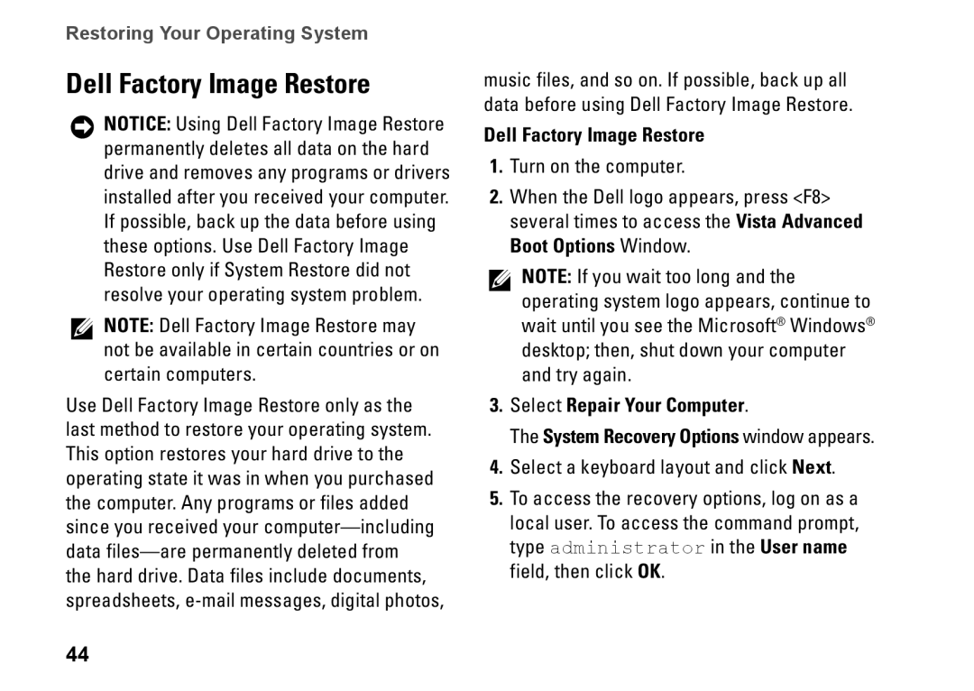 Dell PP41L setup guide Dell Factory Image Restore 