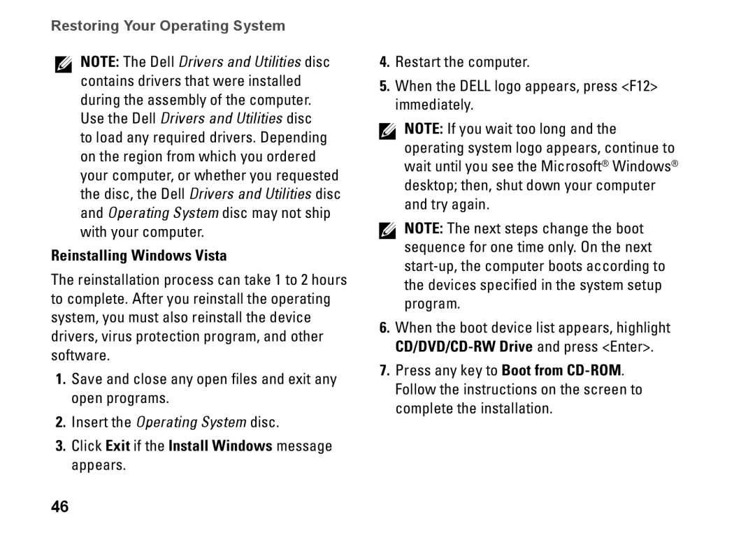 Dell PP41L setup guide Reinstalling Windows Vista, Click Exit if the Install Windows message appears 