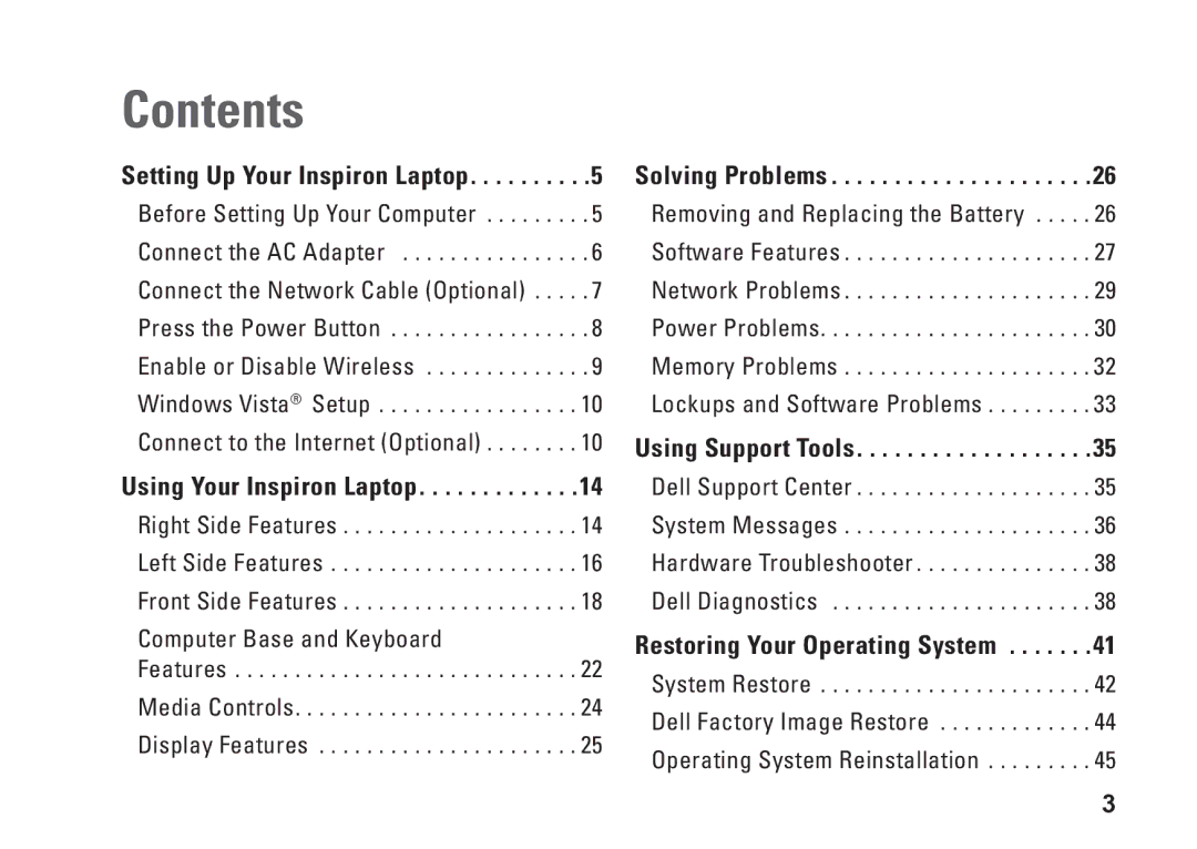 Dell PP41L setup guide Contents 