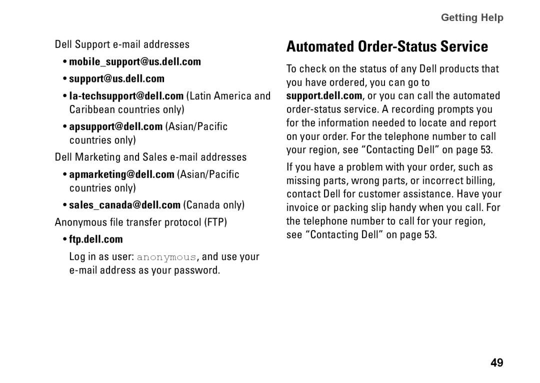 Dell PP41L setup guide Automated Order-Status Service, Mobilesupport@us.dell.com Support@us.dell.com, Ftp.dell.com 