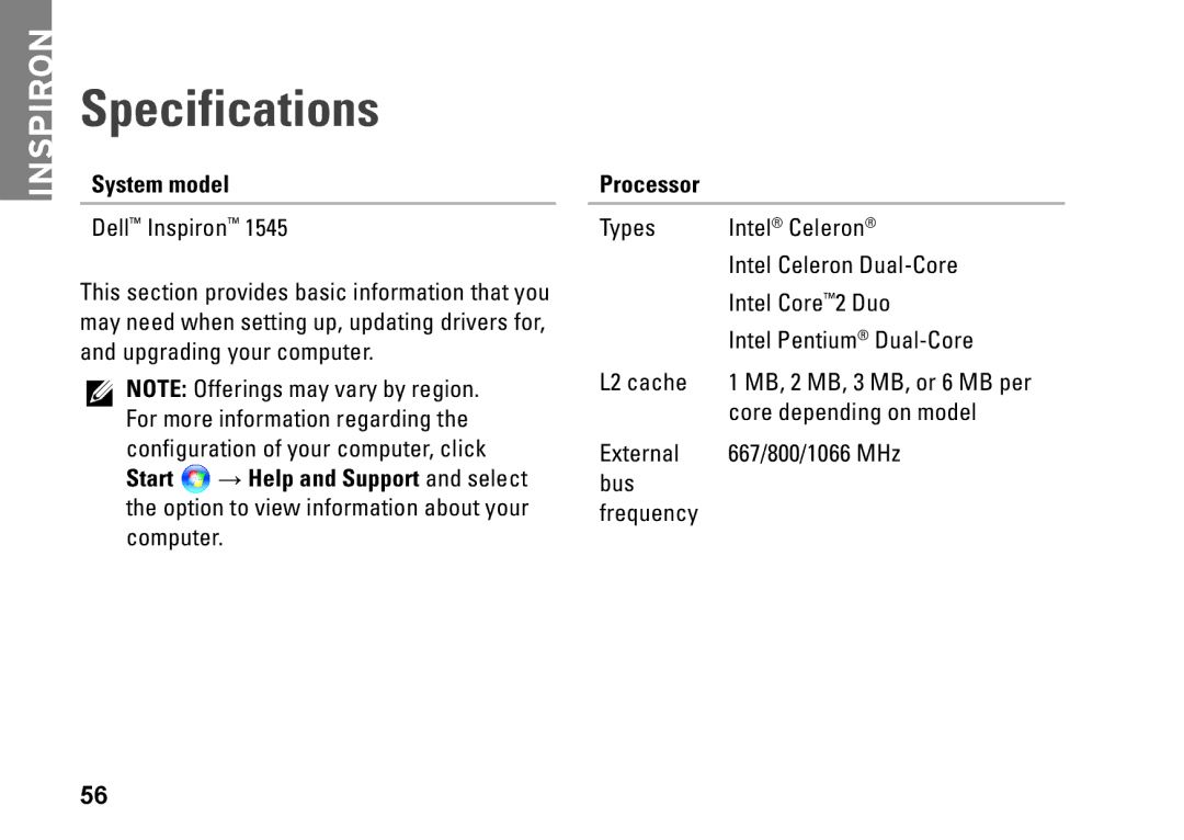 Dell PP41L setup guide Specifications, System model, Processor 