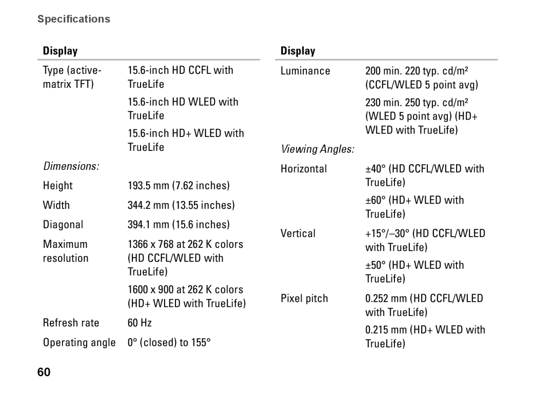 Dell PP41L setup guide Display, Dimensions 