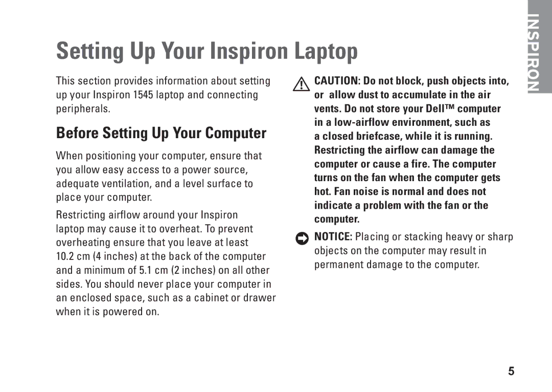 Dell PP41L setup guide Setting Up Your Inspiron Laptop, Before Setting Up Your Computer 