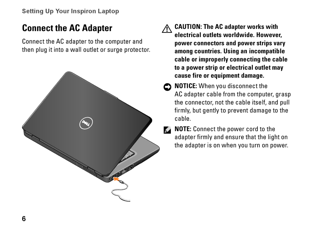 Dell PP41L setup guide Connect the AC Adapter 