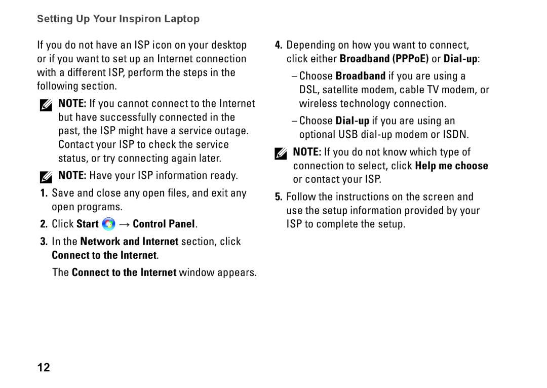 Dell PP41L setup guide Setting Up Your Inspiron Laptop 