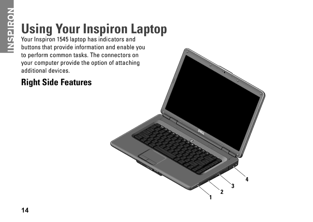 Dell PP41L setup guide Using Your Inspiron Laptop, Right Side Features 