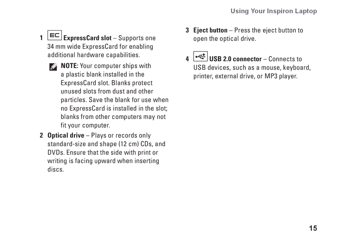 Dell PP41L setup guide Using Your Inspiron Laptop 