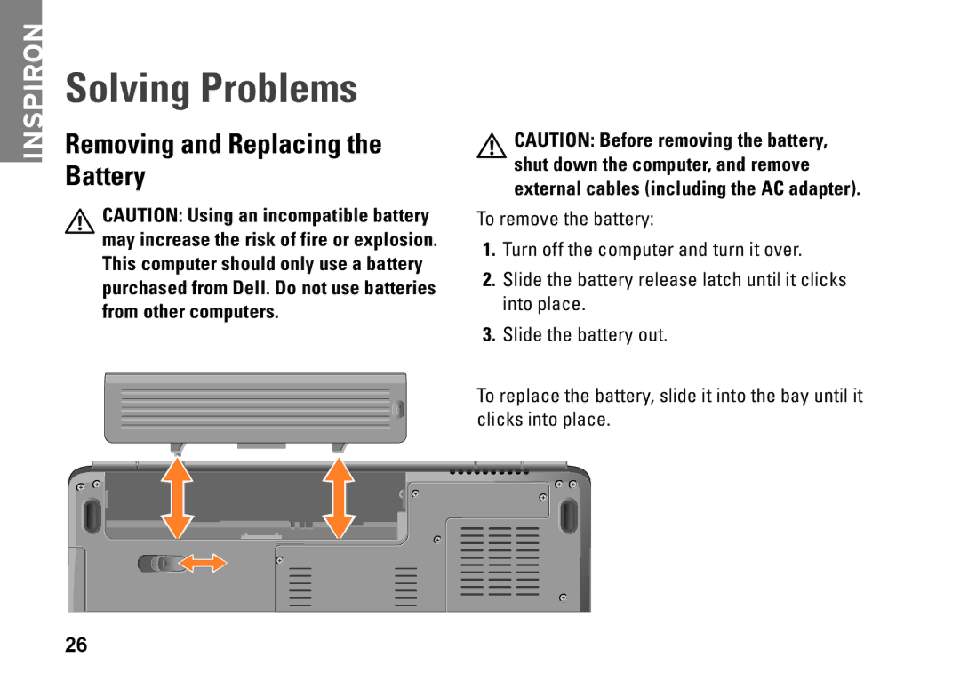 Dell PP41L setup guide Solving Problems, Removing and Replacing the Battery 