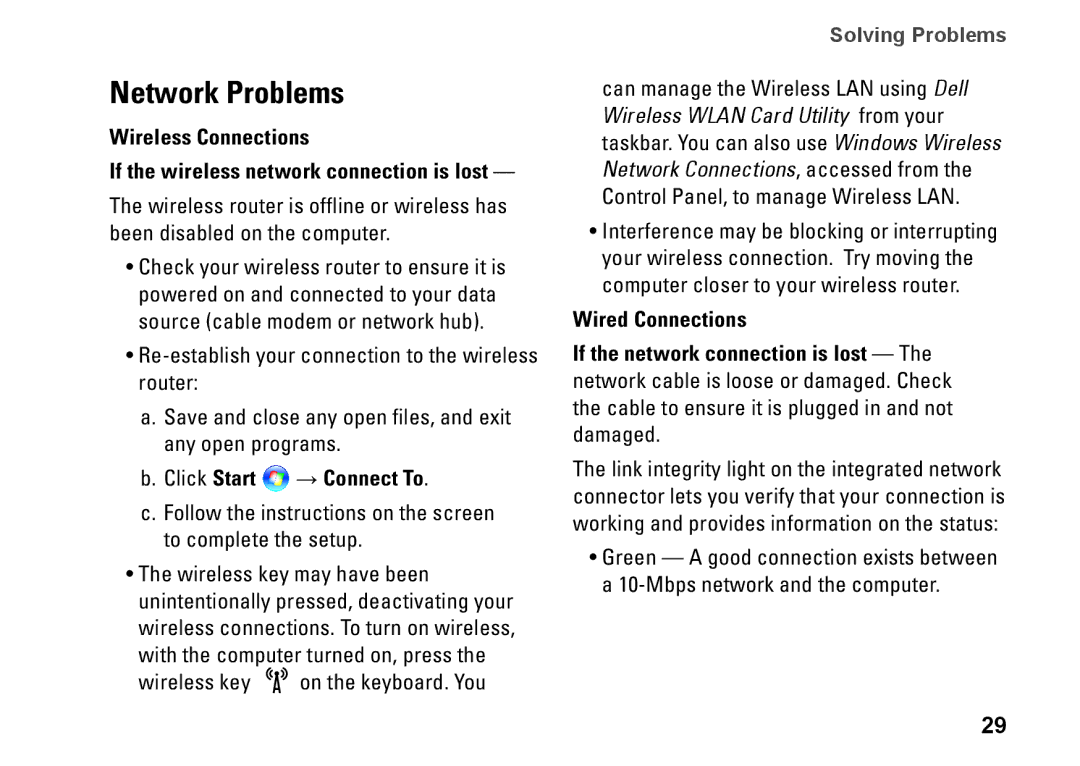 Dell PP41L setup guide Network Problems, Wireless Connections 