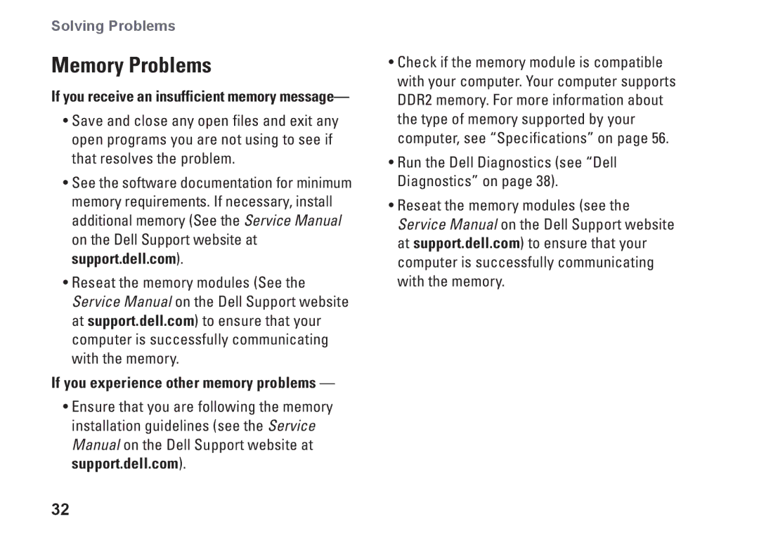 Dell PP41L setup guide Memory Problems, If you experience other memory problems 