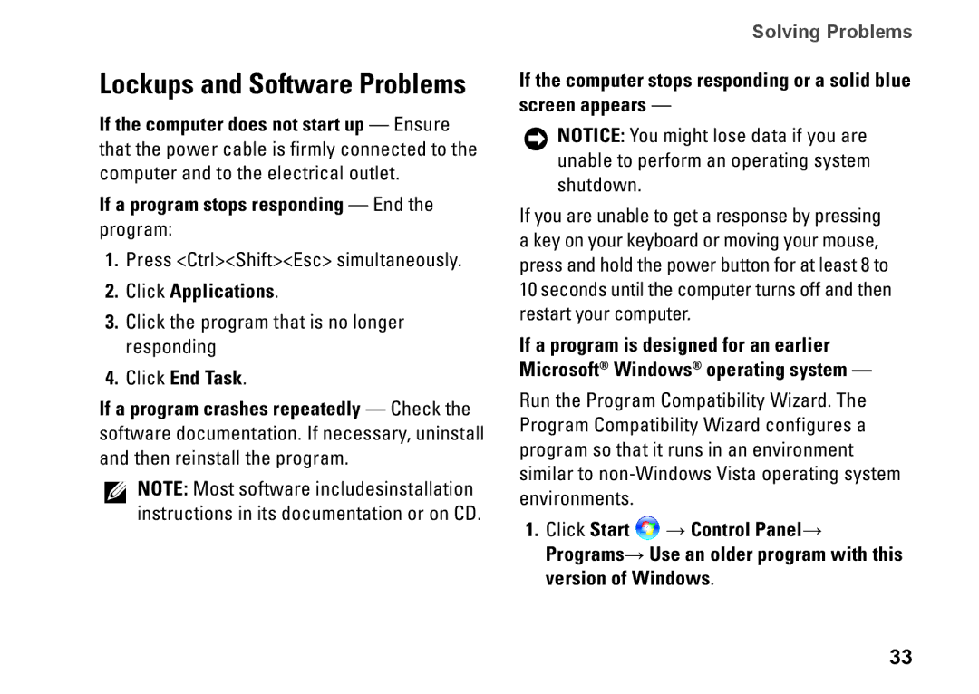 Dell PP41L setup guide If a program stops responding End the program, Click Applications, Click End Task 