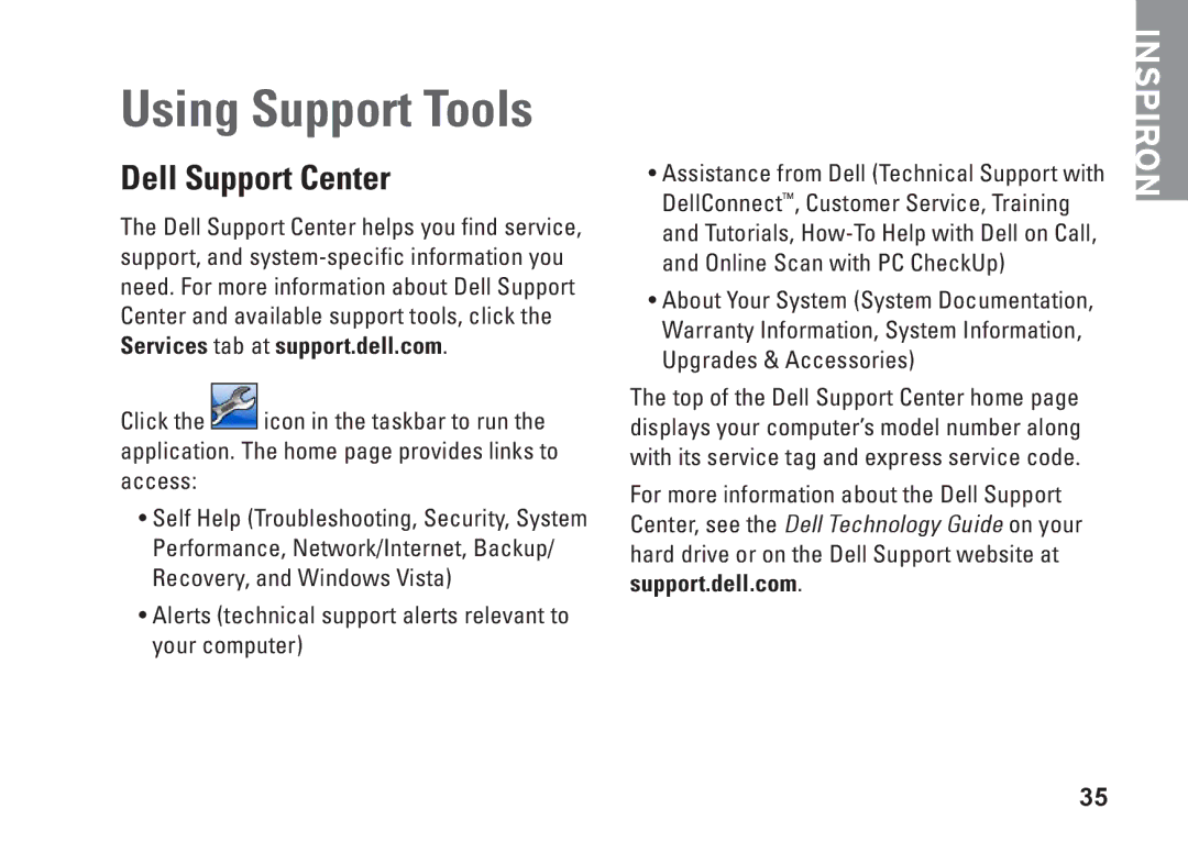 Dell PP41L setup guide Using Support Tools, Dell Support Center 