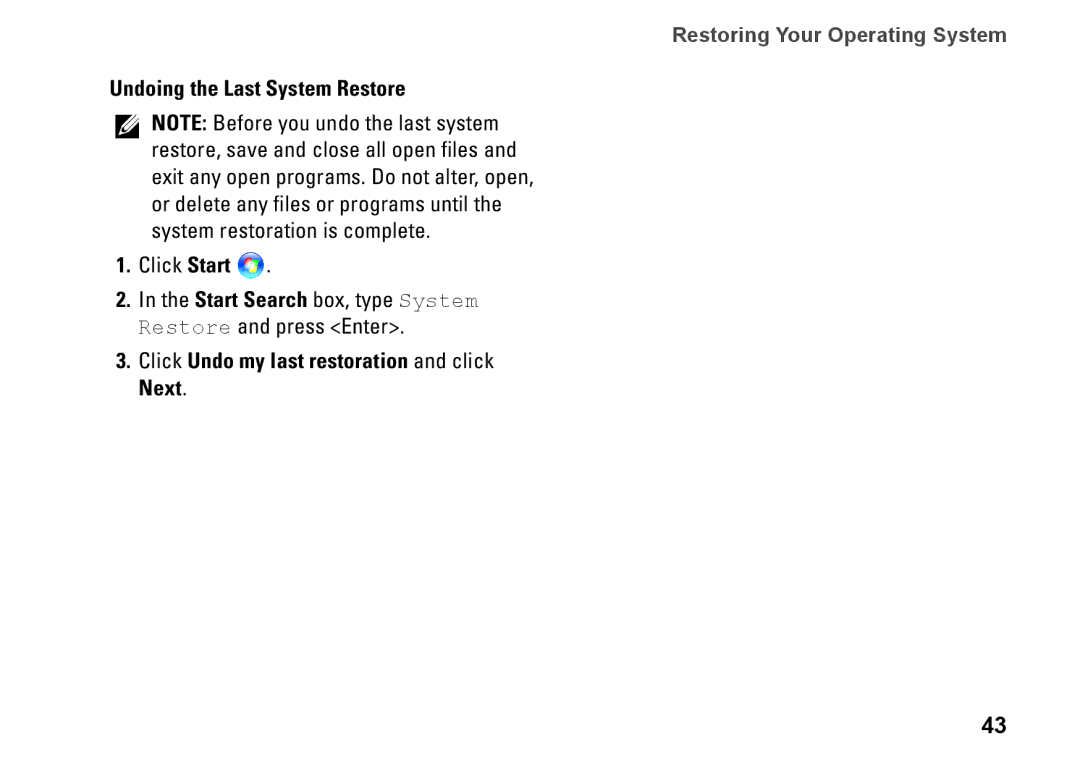 Dell PP41L setup guide Undoing the Last System Restore, Click Undo my last restoration and click Next 