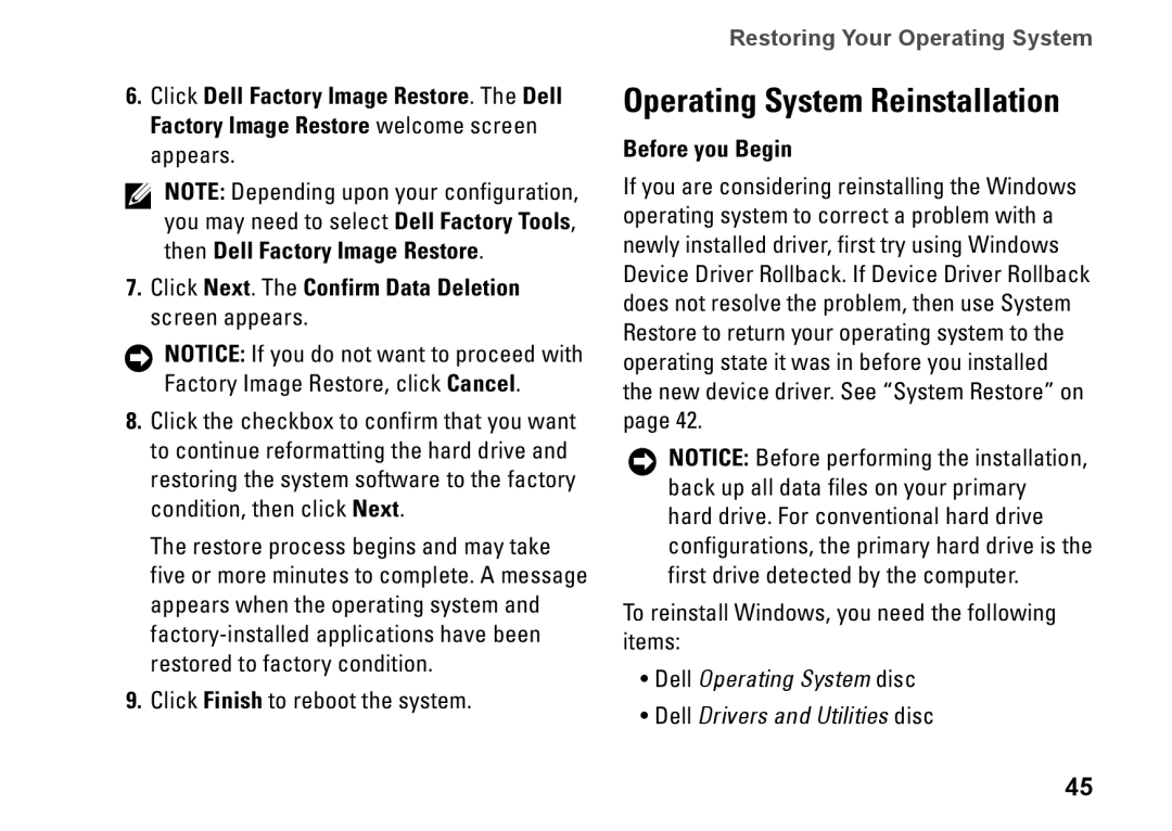 Dell PP41L setup guide Operating System Reinstallation, Before you Begin 