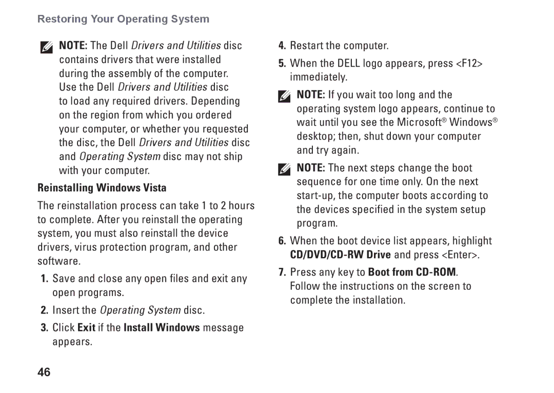 Dell PP41L setup guide Reinstalling Windows Vista, Click Exit if the Install Windows message appears 