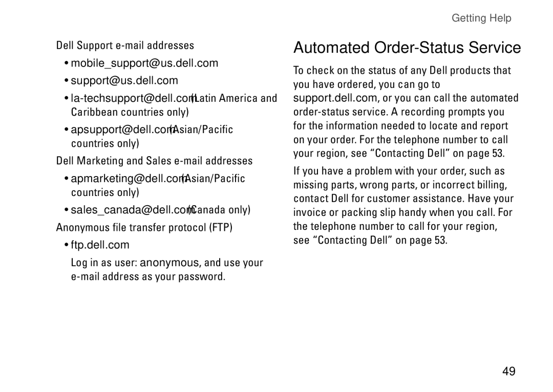 Dell PP41L setup guide Automated Order-Status Service, Mobilesupport@us.dell.com Support@us.dell.com, Ftp.dell.com 