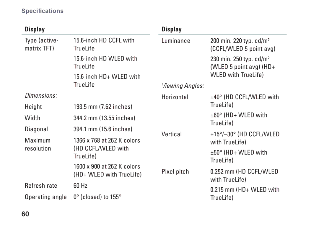 Dell PP41L setup guide Display, Dimensions 