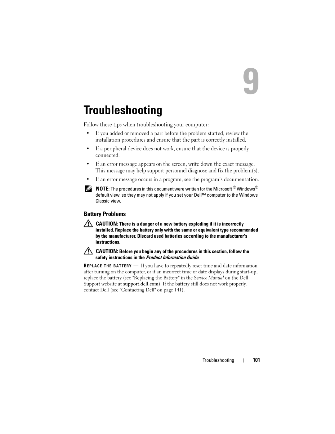 Dell DCDR01, PP521 owner manual Troubleshooting, Battery Problems, Follow these tips when troubleshooting your computer, 101 