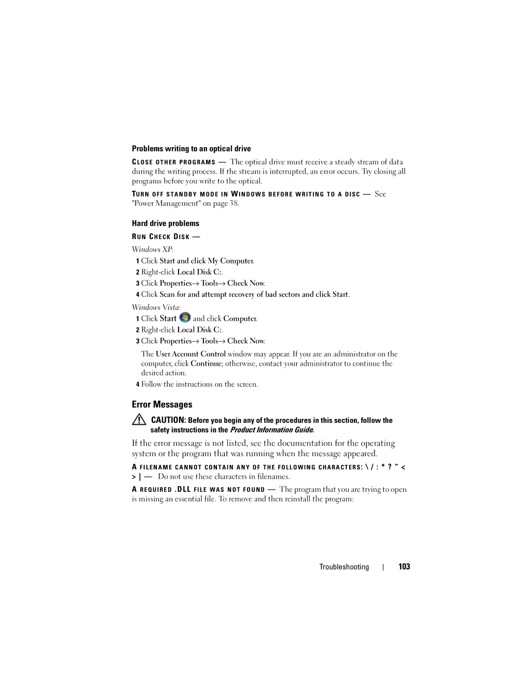 Dell DCDR01 Error Messages, Problems writing to an optical drive, Hard drive problems, 103, Right-click Local Disk C 