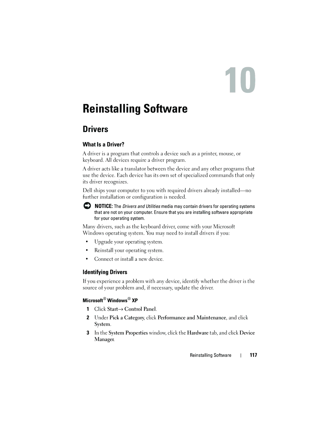 Dell DCDR01, PP521 owner manual Reinstalling Software, What Is a Driver?, Identifying Drivers 