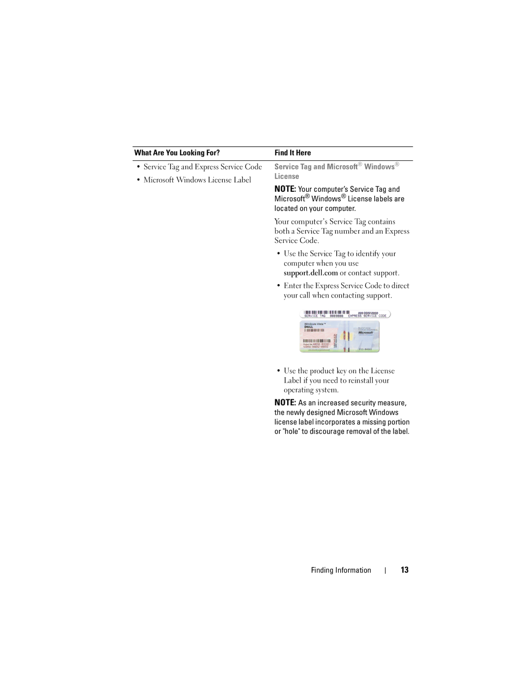 Dell DCDR01, PP521 Microsoft Windows License Label, Located on your computer, Use the Service Tag to identify your 