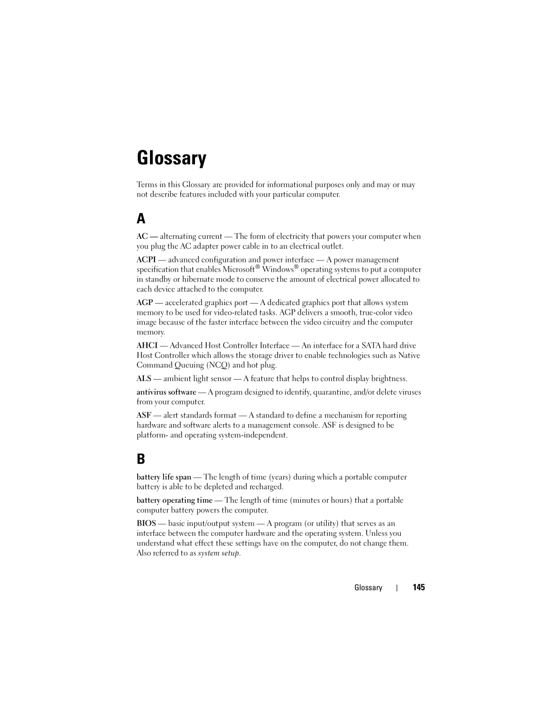 Dell DCDR01, PP521 owner manual Glossary, 145 