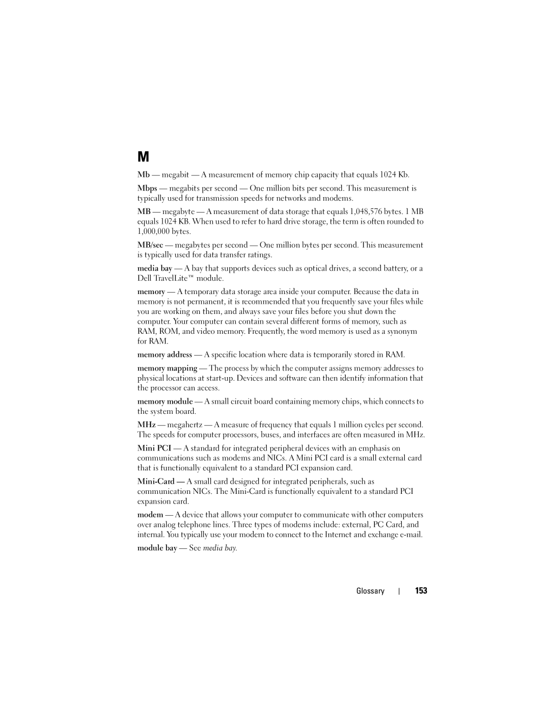 Dell DCDR01, PP521 owner manual 153, Module bay See media bay Glossary 