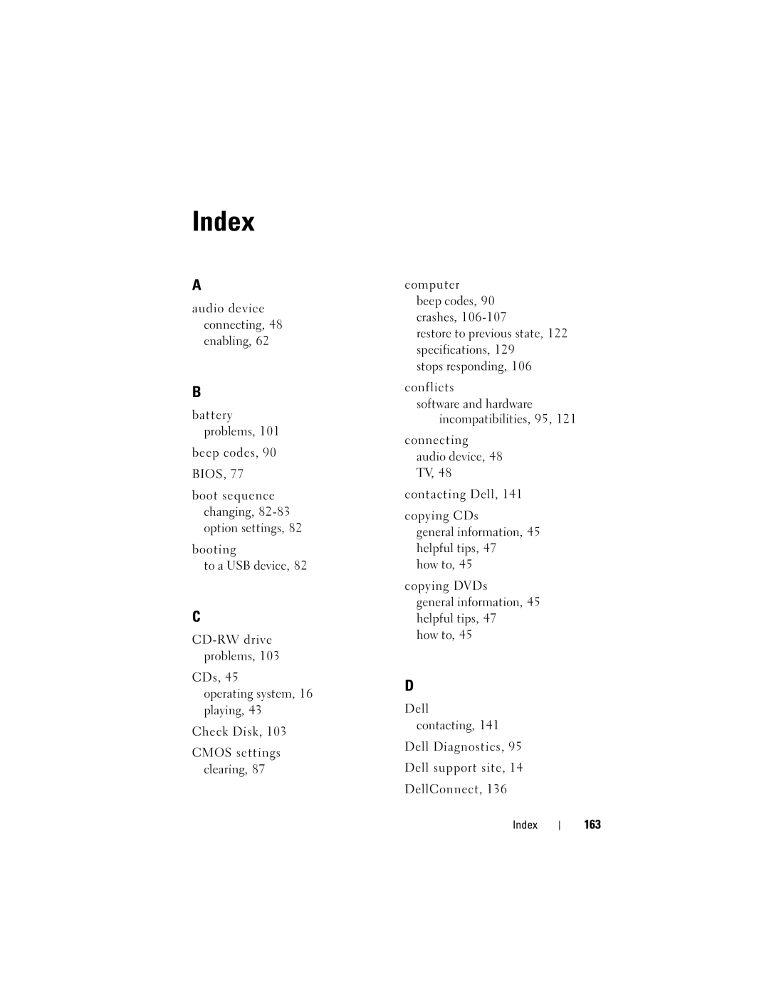 Dell DCDR01, PP521 owner manual Index, 163 