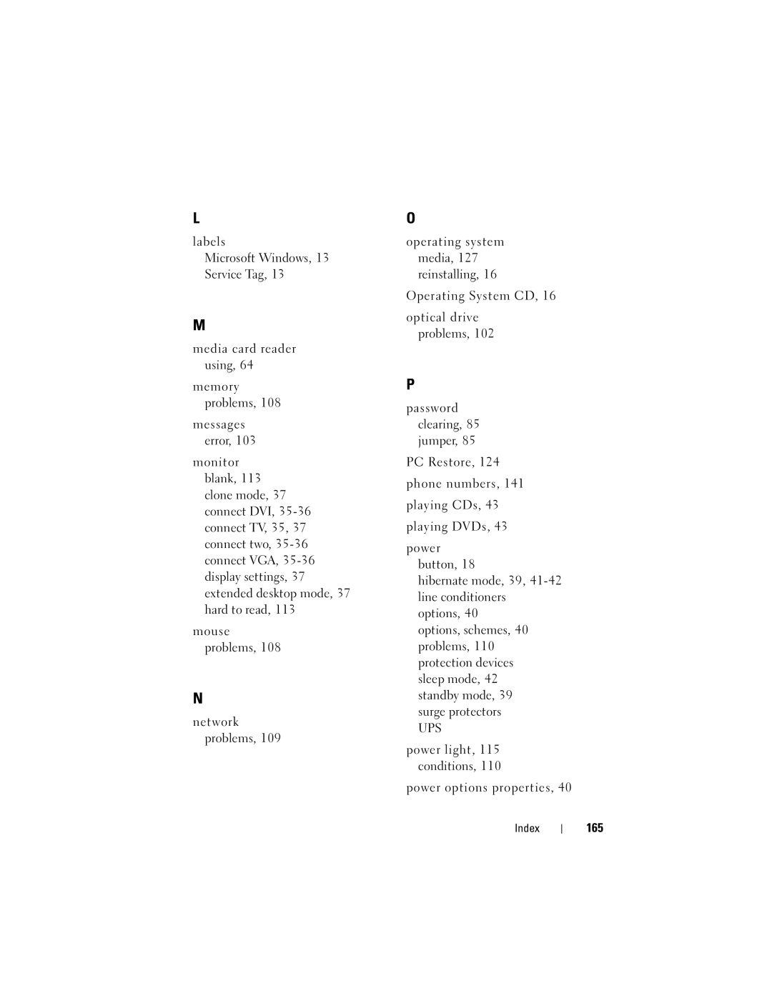 Dell DCDR01, PP521 owner manual Power light, 115 conditions Power options properties, 165 