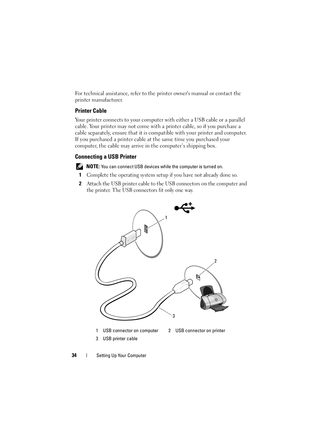 Dell PP521, DCDR01 owner manual Printer Cable, Connecting a USB Printer 