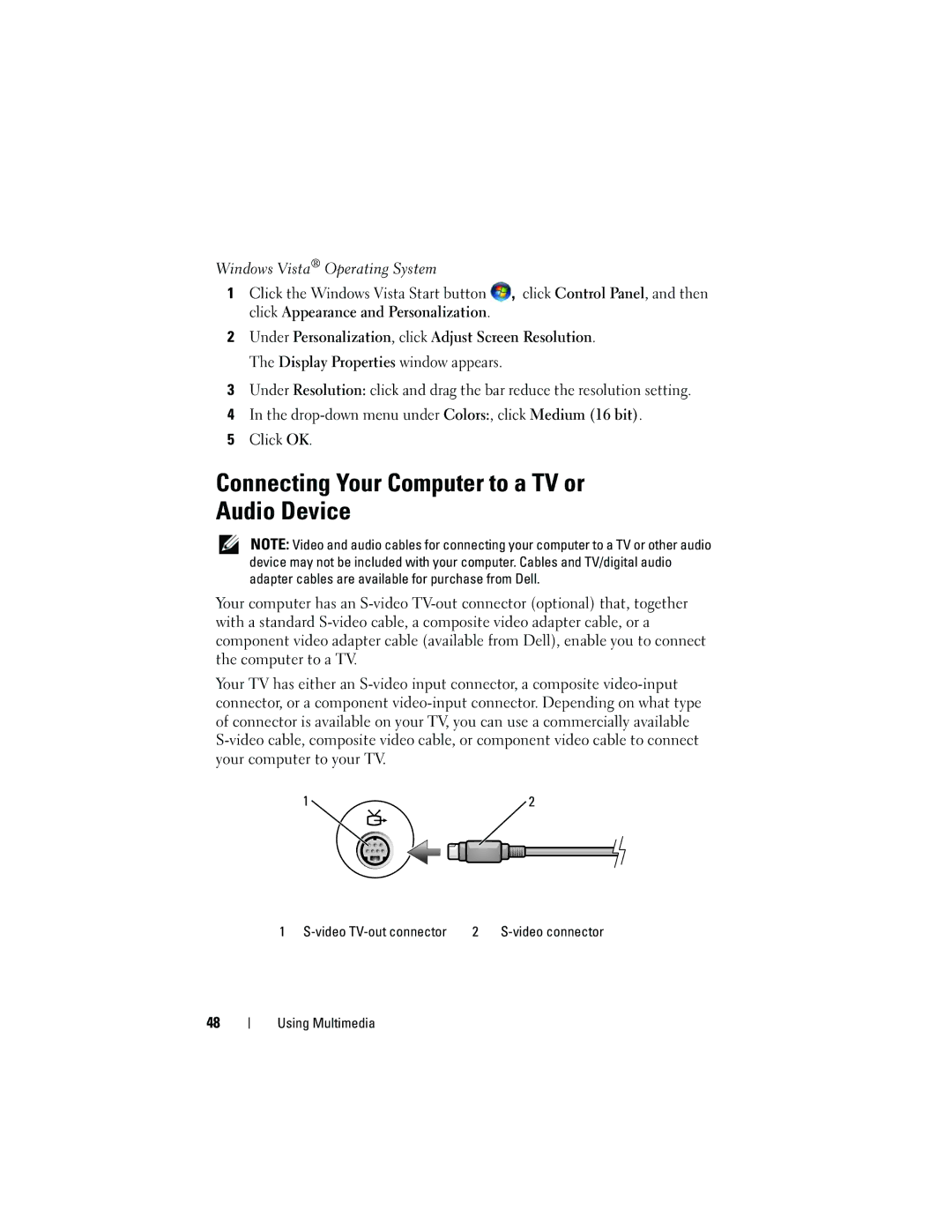 Dell PP521 Connecting Your Computer to a TV or Audio Device, Video TV-out connector Video connector Using Multimedia 