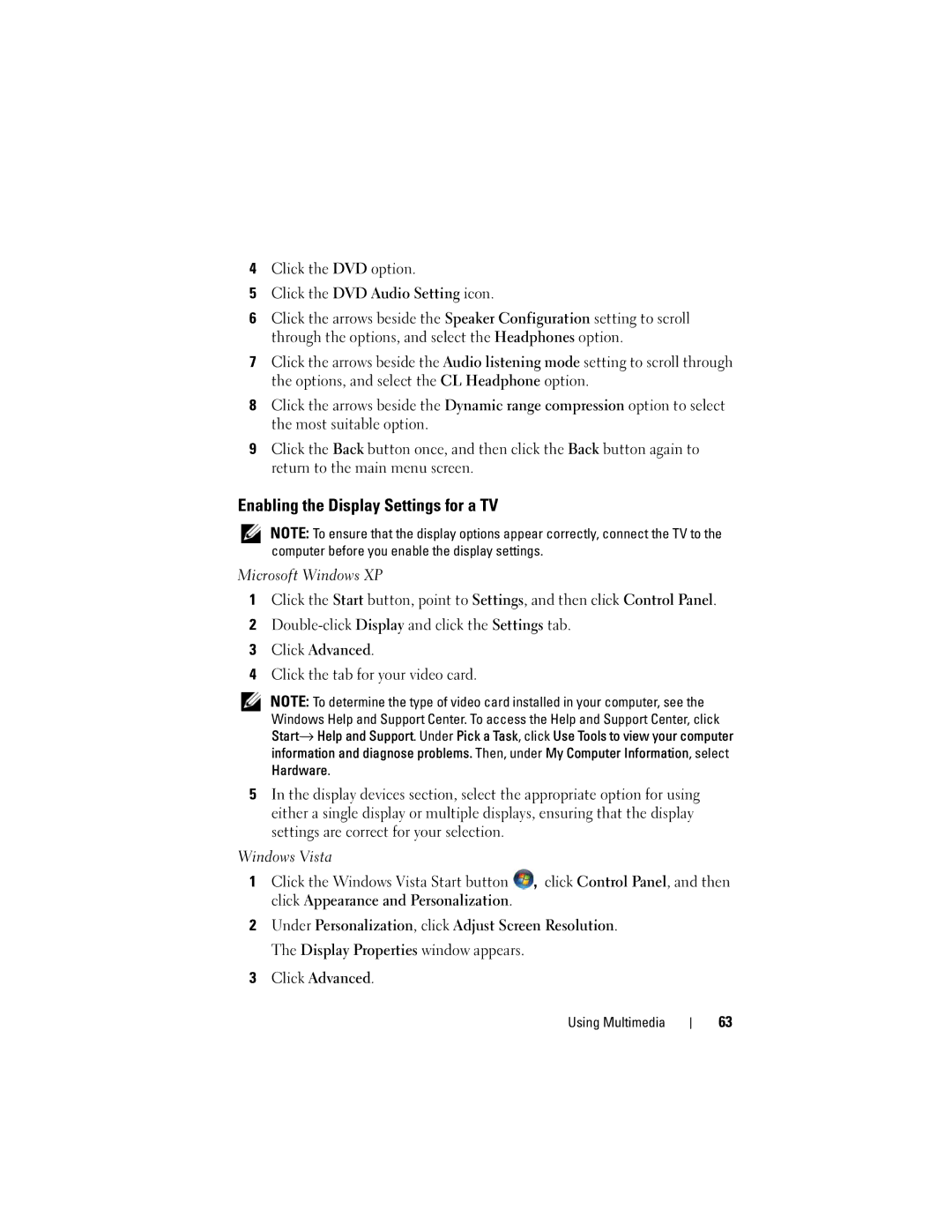 Dell DCDR01, PP521 owner manual Enabling the Display Settings for a TV 