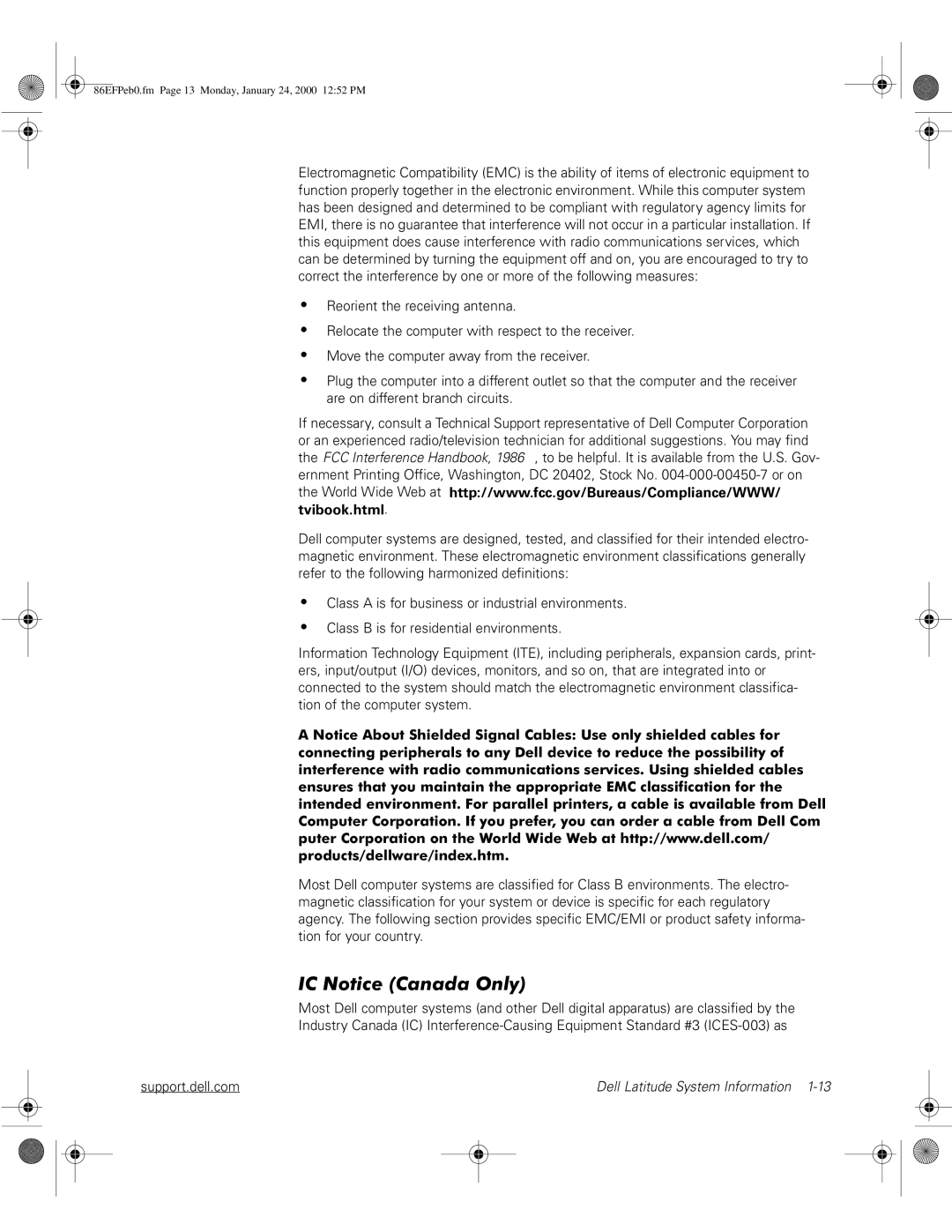 Dell PPX manual 1RWLFH&DQDGD2QO, 86EFPeb0.fm Page 13 Monday, January 24, 2000 1252 PM 