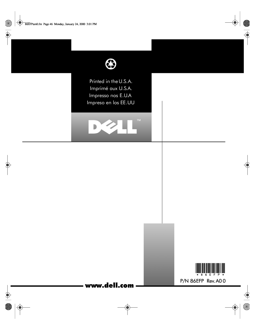 Dell PPX manual P/N 86EFP Rev. A0, Printed in the U.S.A Imprimé aux U.S.A Impresso nos E.U.A, Impreso en los EE.UU 