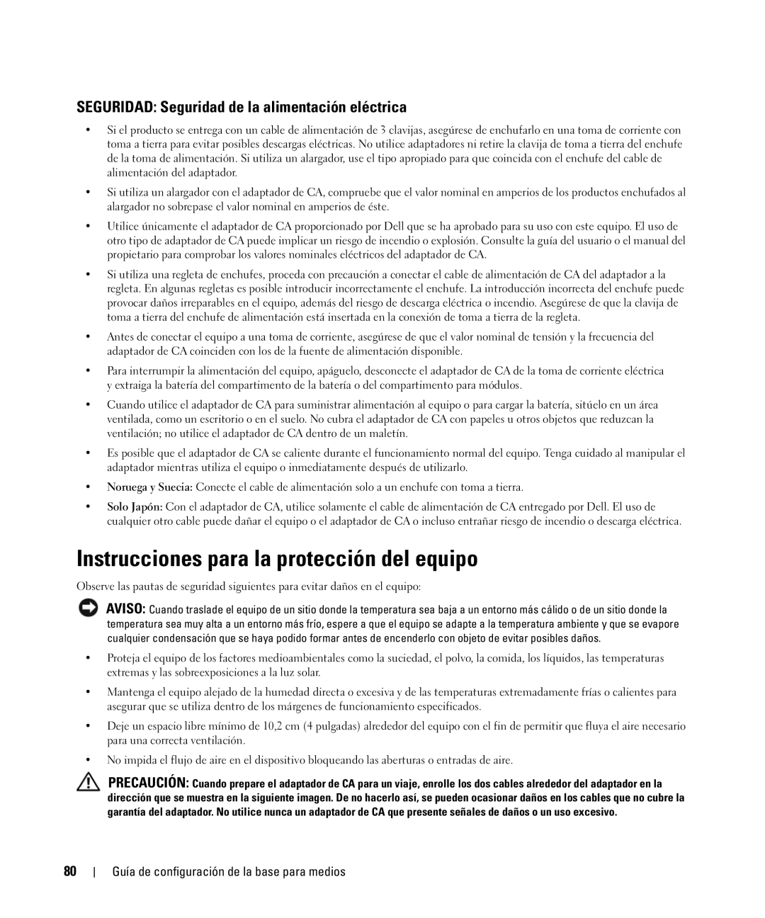 Dell PR09S setup guide Instrucciones para la protección del equipo, Seguridad Seguridad de la alimentación eléctrica 