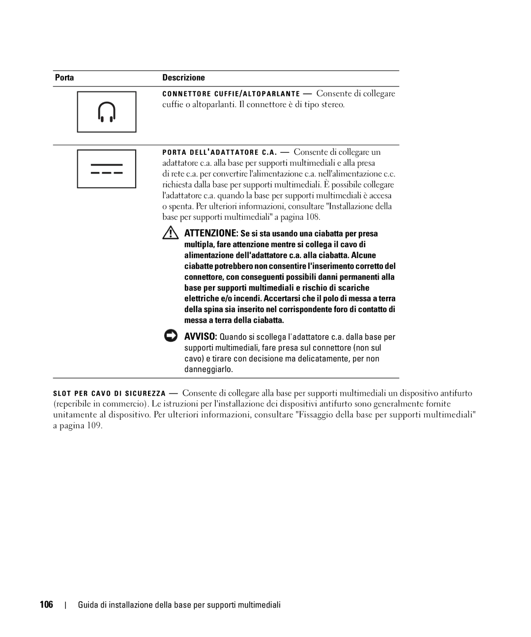 Dell PR09S setup guide Porta Descrizione, Cuffie o altoparlanti. Il connettore è di tipo stereo 