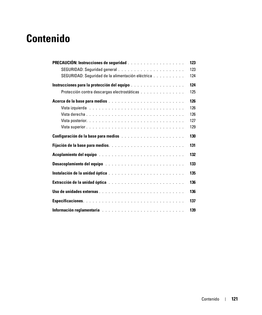 Dell PR09S setup guide Precaución Instrucciones de seguridad 123, 126, 127, 129, 130, 131, 132, 133, 135, 136, 137, 139 