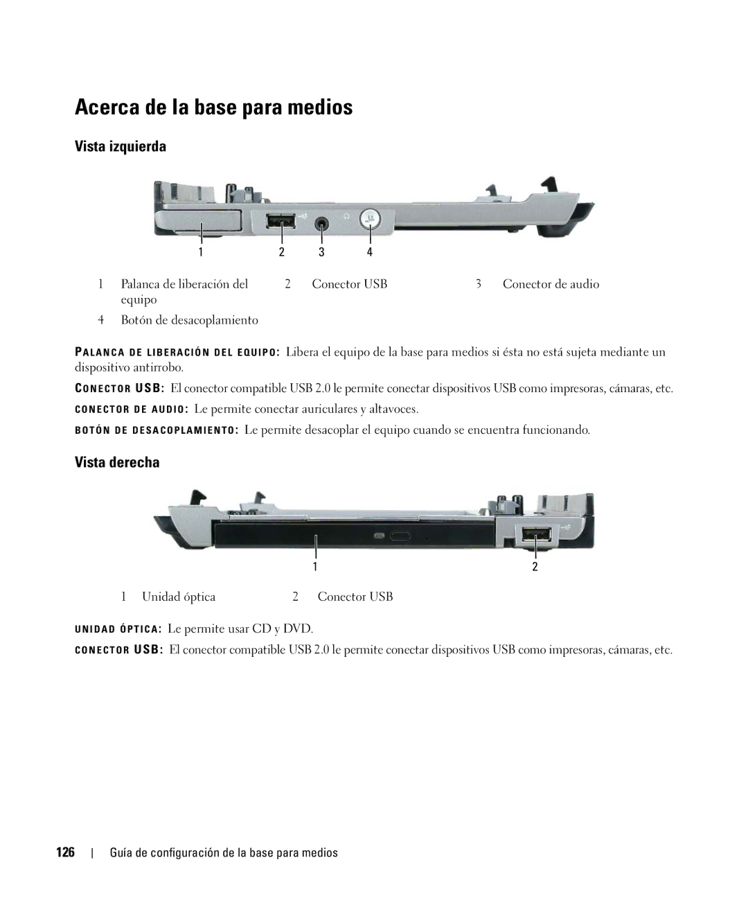 Dell PR09S setup guide Acerca de la base para medios, Vista izquierda, Vista derecha 