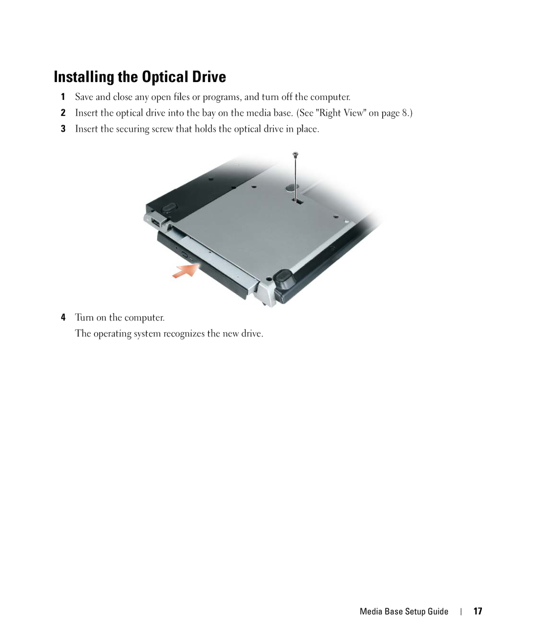 Dell PR09S setup guide Installing the Optical Drive 