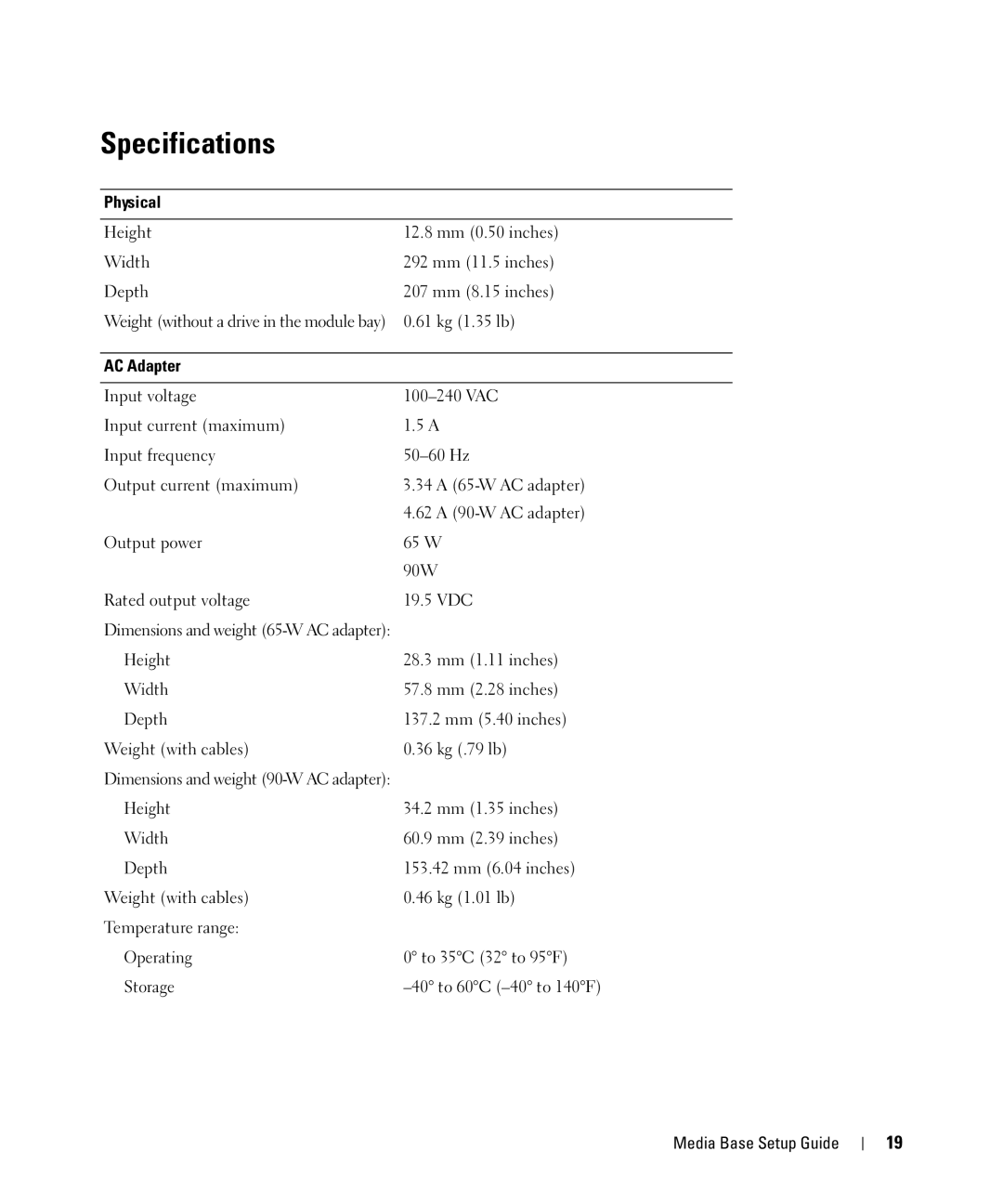 Dell PR09S setup guide Specifications, Physical, AC Adapter 