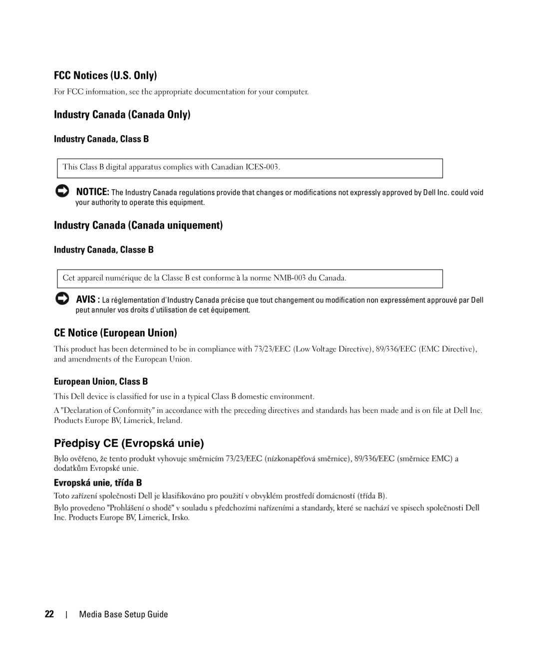 Dell PR09S FCC Notices U.S. Only, Industry Canada Canada Only, Industry Canada Canada uniquement, CE Notice European Union 