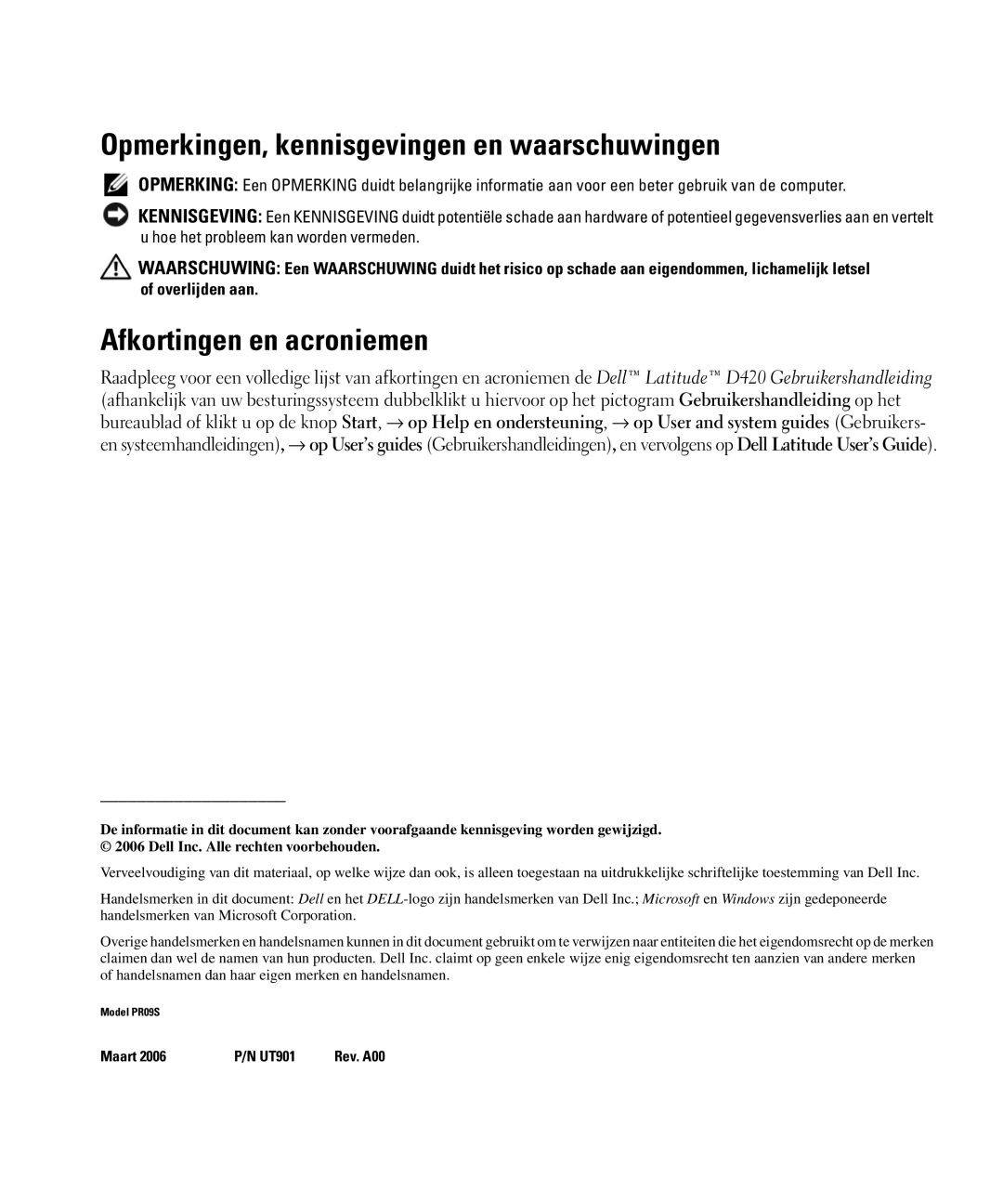 Dell PR09S setup guide Opmerkingen, kennisgevingen en waarschuwingen, Afkortingen en acroniemen 