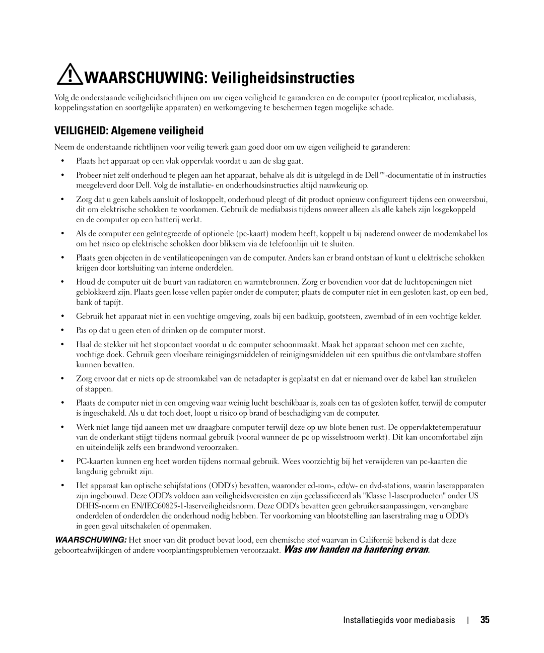 Dell PR09S setup guide Waarschuwing Veiligheidsinstructies, Veiligheid Algemene veiligheid 